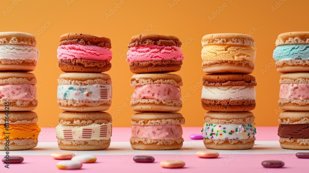 A photo of stacked ice cream macarons with different colors and patterns A photo of stacked ice cream macarons with different colors and patterns