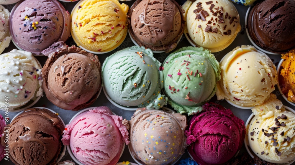 Top view of ice cream in different colors and flavors, white ceramic bowls Top view of ice cream in different colors and flavors, white ceramic bowls