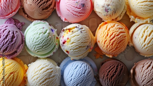 ice cream scoops in various colors and flavors, arranged neatly on the background
