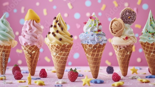 A photo showcasing different types and colors of soft serve ice cream in various waffle cones