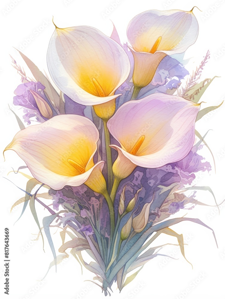 Obraz premium Calla lilies, drawn by watercolor paints, bright colors, rough 2D animation, children's book illustration, isolated on white background