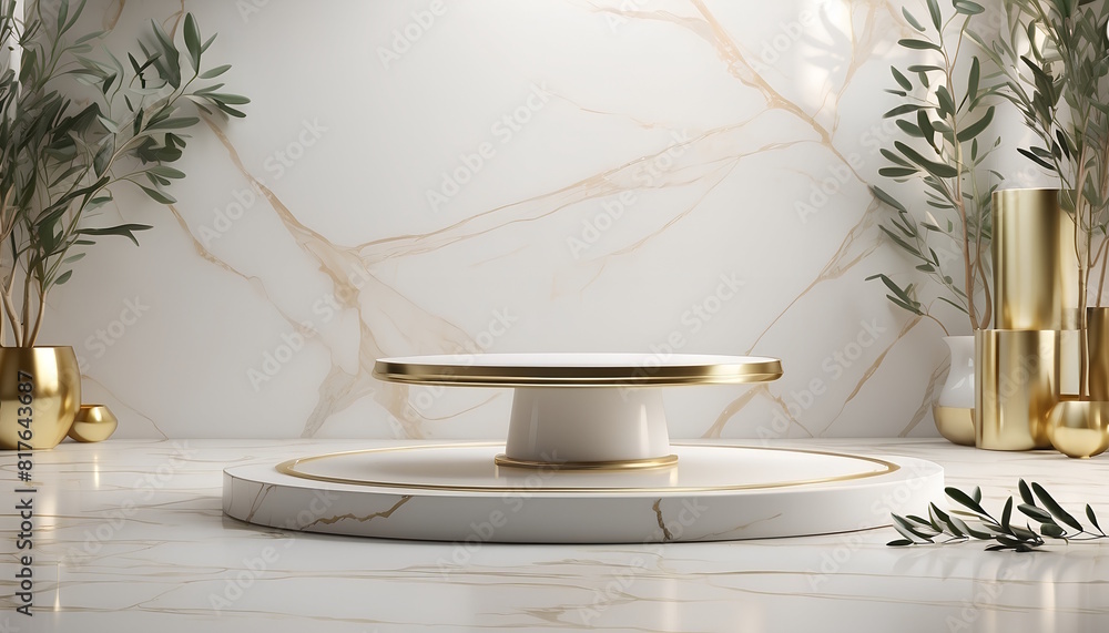 Golden and white marble podium with olive branch, background 3D , luxury pedestal presentation, Olive product concept, mockup Golden and white marble podium with olive branch, background 3D , luxury pedestal presentation, Olive product concept, mockup