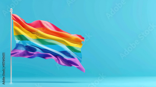A rainbow flag is flying on a blue background. The flag is colorful and vibrant  representing the LGBTQ  community. The blue background adds a sense of calmness and serenity to the image