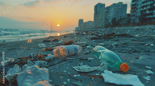 Litter on the shoreline of a major urban area, discarded soiled plastic containers, contaminated sandy beach, ecological damage.