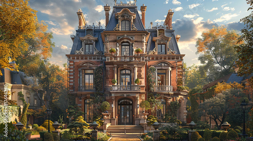 A grand townhouse with a French Second Empire-style faÃ§ade, featuring a mansard roof and ornate roof cresting, situated in an upscale city district. photo