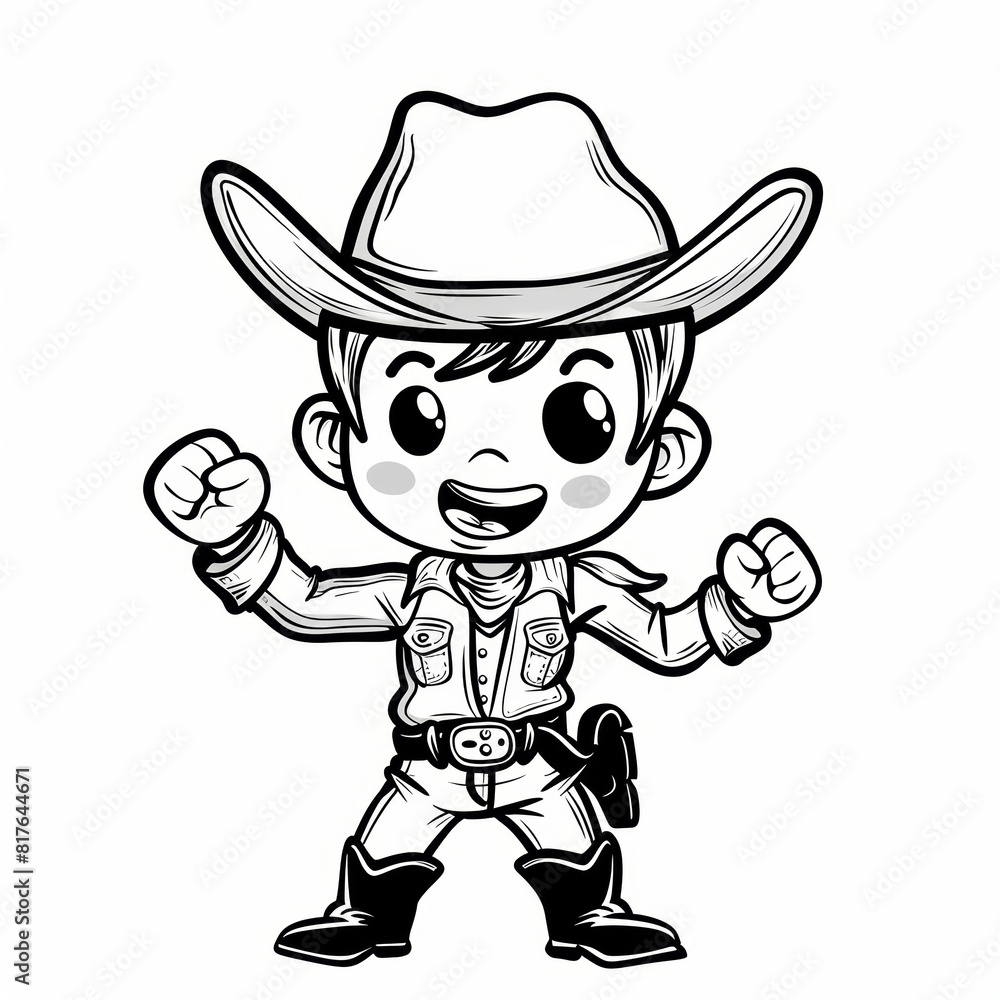Chibi cowboy cheering, outlined in black and white with clear, thick lines for a preschool coloring book, simple cartoon style, isolated on a white background Chibi cowboy cheering, outlined in black and white with clear, thick lines for a preschool coloring book, simple cartoon style, isolated on a white background