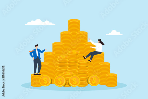 Flat illustration of businessman and businesswoman on coins stacked pyramid structure and stability of investments