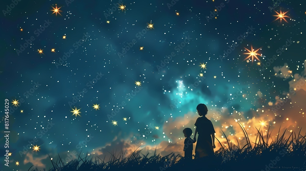 A child and adult gaze at a twinkling starry sky A child and adult gaze at a twinkling starry sky