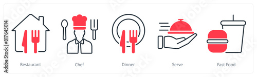 A set of 5 Restaurant icons as restaurant, chef, dinner