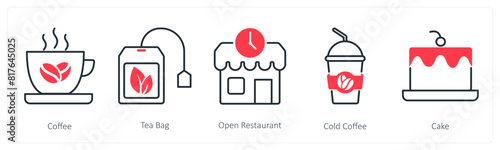 A set of 5 Restaurant icons as coffee, tea bag, open reataurant