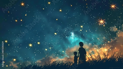 A child and adult gaze at a twinkling starry sky