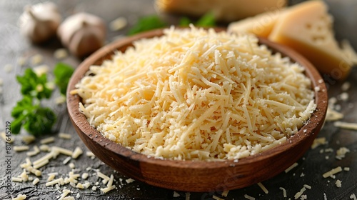Heap of delectable shredded cheese on white background, viewed from above. photo