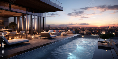 A dynamic 3D art portrayal of a modern rooftop pool with panoramic city views, contemporary lounge areas, and sleek design elements, capturing the essence of urban luxury. 