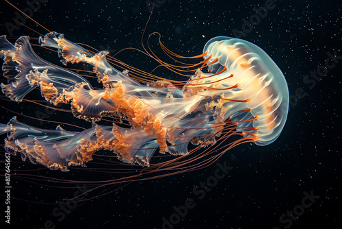 An otherworldly scene of a glowing jellyfish drifting serenely through the blackness of the deep sea  its tentacles trailing behind like ethereal ribbons 