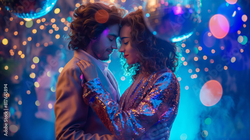 A young couple dressed in 70s fashion dancing under a disco ball, vibrant lighting  photo