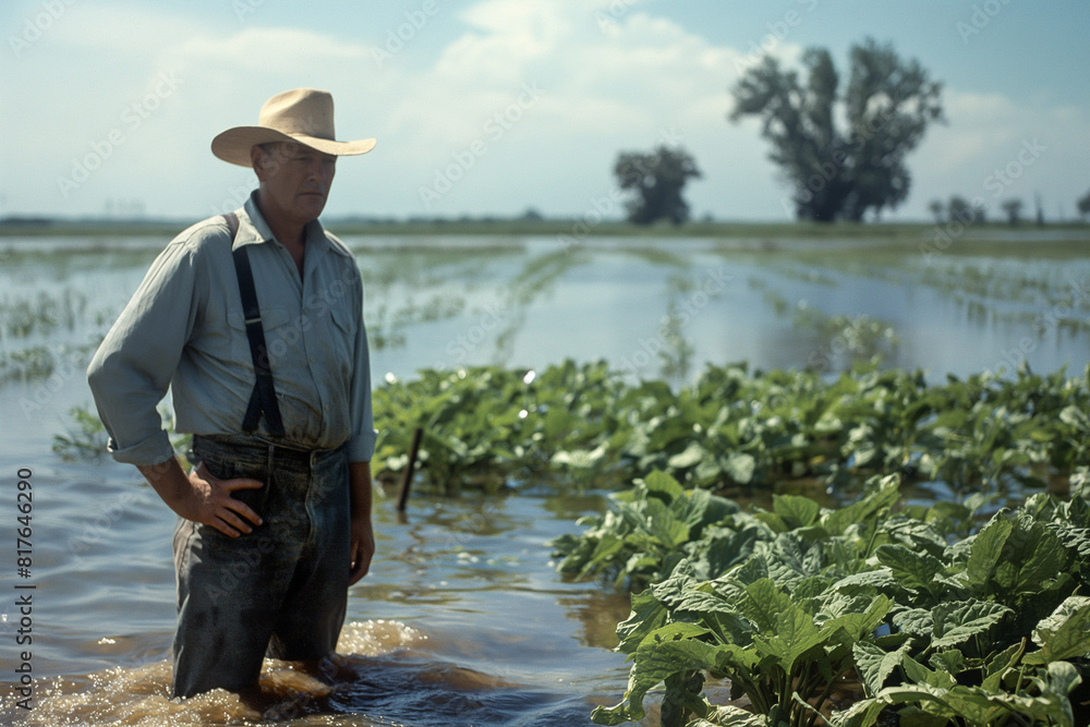 American farmer surveying his waterlogged crops after a heavy monsoon, a look of concern American farmer surveying his waterlogged crops after a heavy monsoon, a look of concern