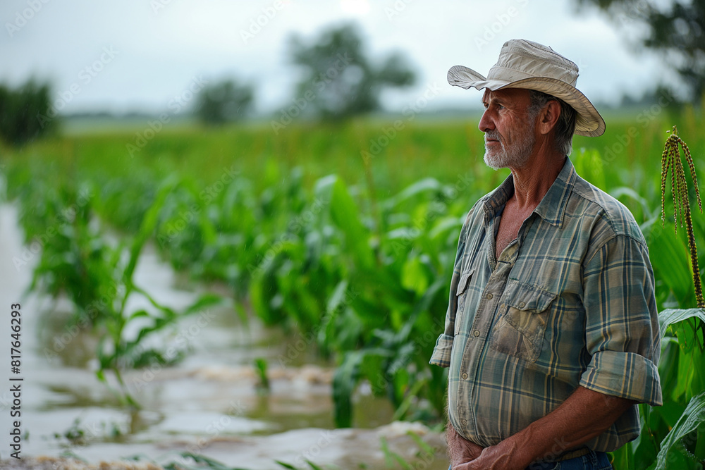 Obraz premium American farmer surveying his waterlogged crops after a heavy monsoon, a look of concern 