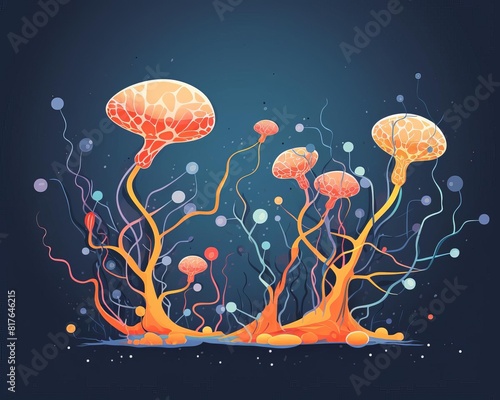 Fungal networks flat design side view mycorrhizal connections theme cartoon drawing Analogous Color Scheme