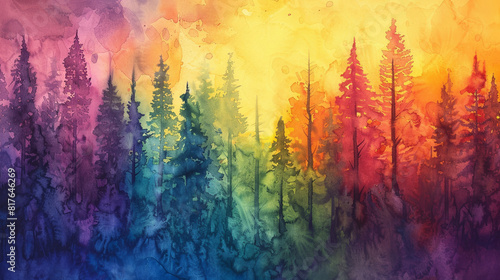 Abstract watercolor showing a forest with trees in rainbow colors 