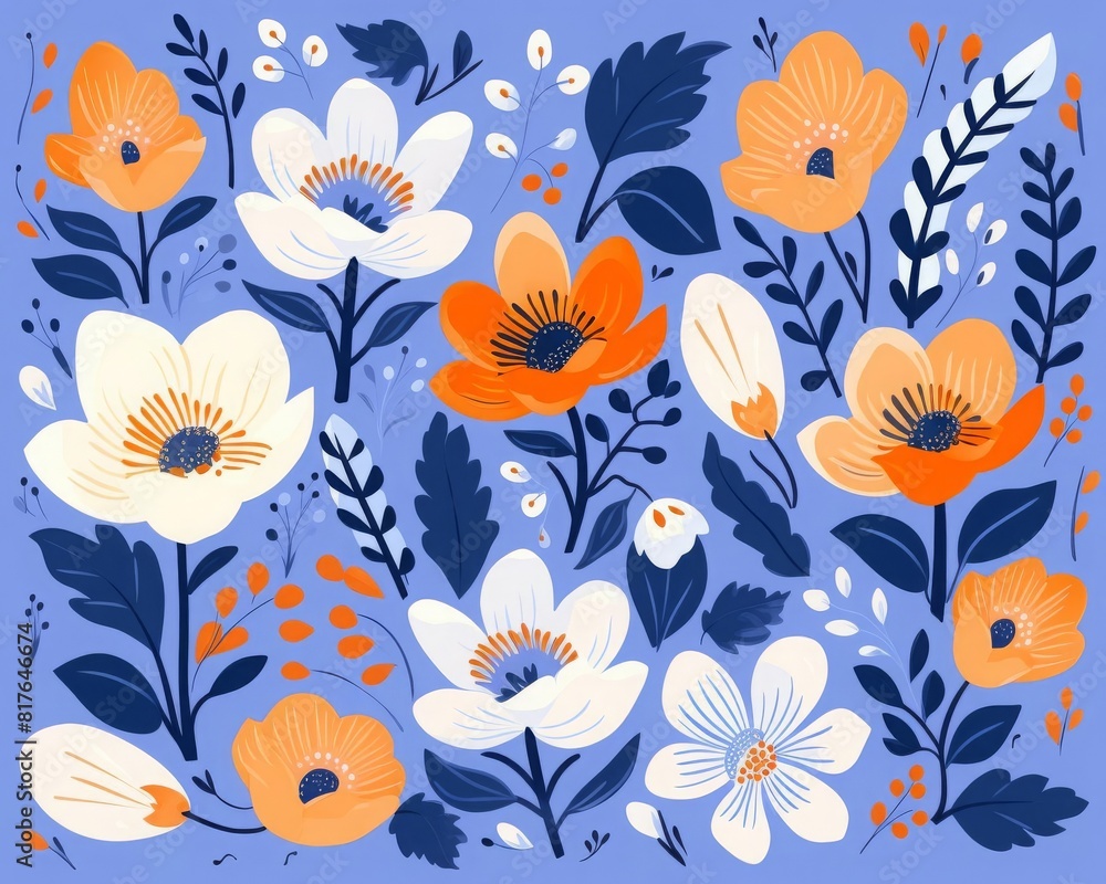 Motif sample flat design top view floral theme cartoon drawing Complementary Color Scheme Motif sample flat design top view floral theme cartoon drawing Complementary Color Scheme