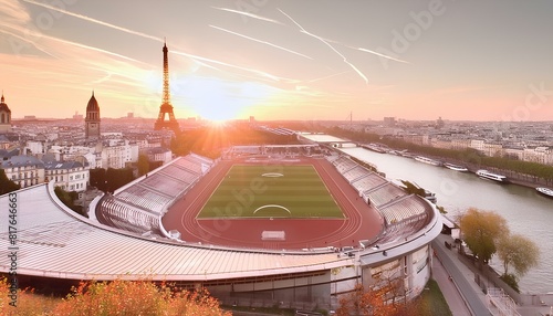 The atmosphere of a football stadium at the Paris 2024 Olympics with a beautiful evening view of the River Seine - Notre Dame de Paris - Sunset photo