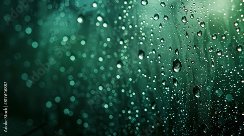 Close-up of sparkling water droplets on glass against a dark emerald-to-black gradient background 