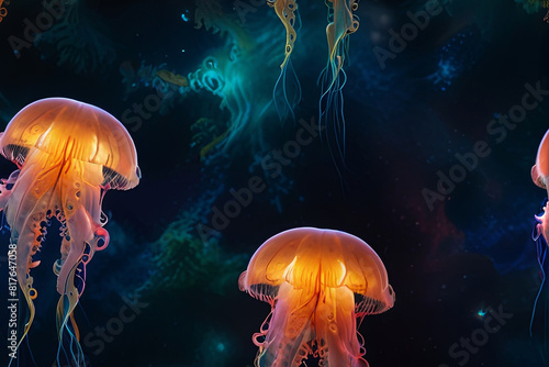 Bioluminescent jellyfish illuminate the abyss, creating an ethereal and mystical underwater scene.