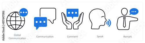 A set of 5 communication icons as global communication, communication, comment