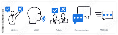 A set of 5 communication icons as opinion, speak, debat