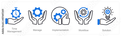 A set of 5 Project Management icons as time management, manage, implementation