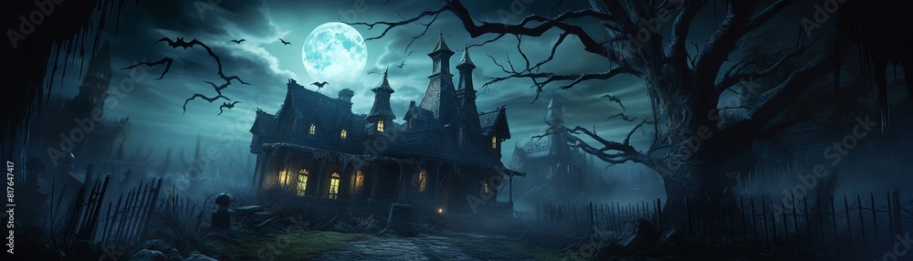 Peer into a haunted mansion where ghostly apparitions with haunted faces tell their tragic tales from beyond the grave.