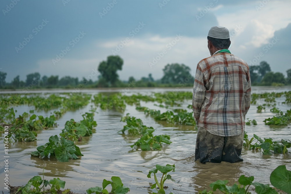 Farmer surveying his waterlogged crops after a heavy monsoon, a look of concern 