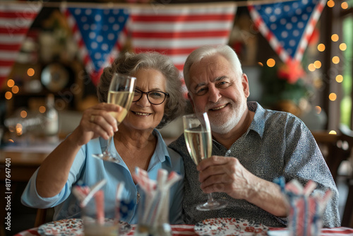 Elderly couple toasting with champagne  American flags in background  festive 4th of July celebration 