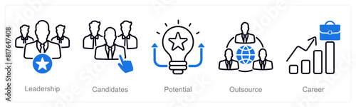 A set of 5 recruitment icons as leadership, candidates, potential
