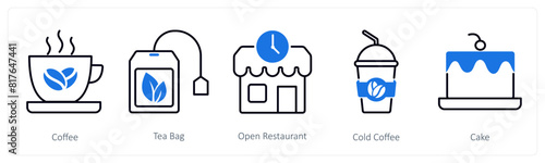 A set of 5 Restaurant icons as coffee, tea bag, open reataurant