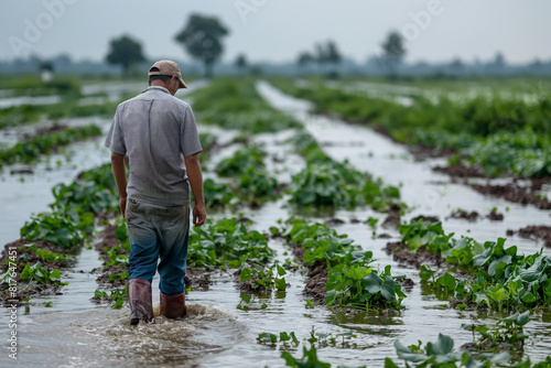 European farmer surveying his waterlogged crops after a heavy monsoon, a look of concern 