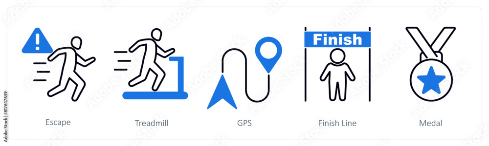 A set of 5 Running icons as escape, treadmill, gps A set of 5 Running icons as escape, treadmill, gps
