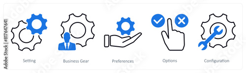 A set of 5 Settings icons as setting, business gear, preferences