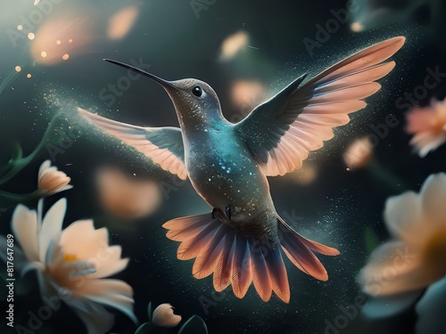 A Luminous Hummingbird Dancing Among Flowers  © joe