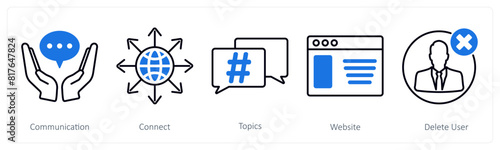 A set of 5 Social Media icons as communication, connect, topics