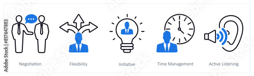 A set of 5 Soft Skills icons as negotiation, flexibility, initiative