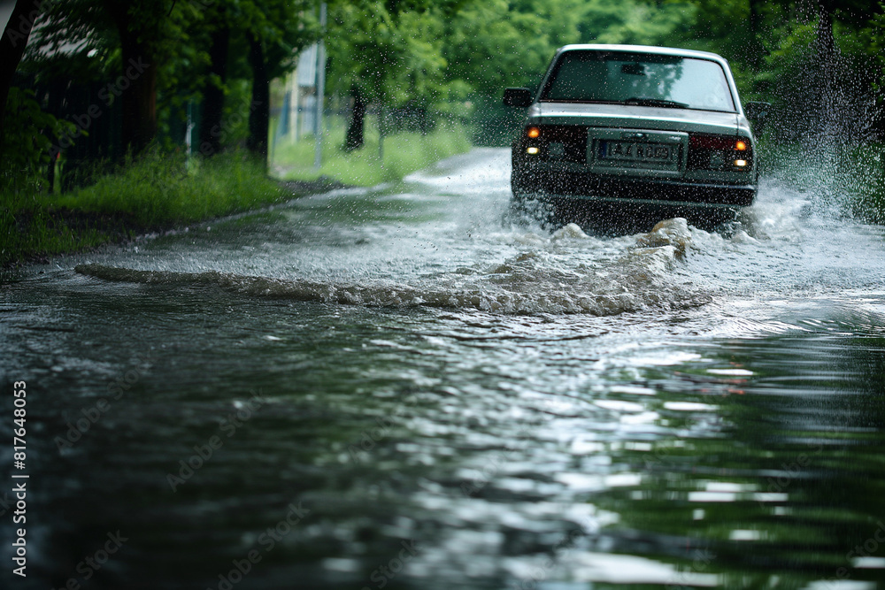 Lone car driving through a flooded road, water splashing around the tires Lone car driving through a flooded road, water splashing around the tires