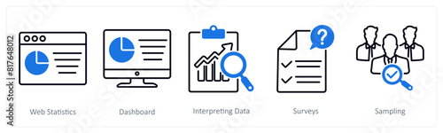 A set of 5 Statistics icons as web statistics, dashboard, interpreting data