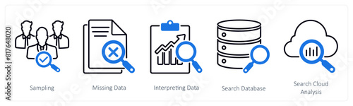 A set of 5 Statistics icons as sampling, missing data, interpreting data