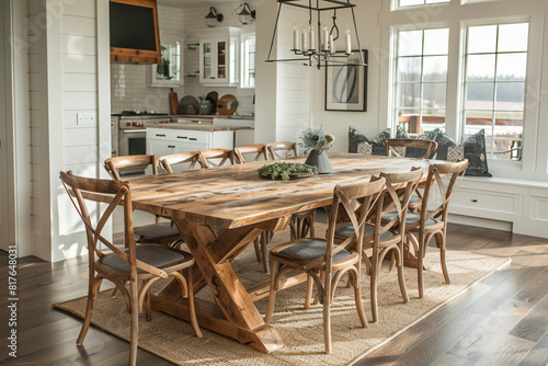 Create a scene featuring a rustic dining table with weathered wood chairs in a warm honey finish  evoking a cozy and inviting atmosphere
