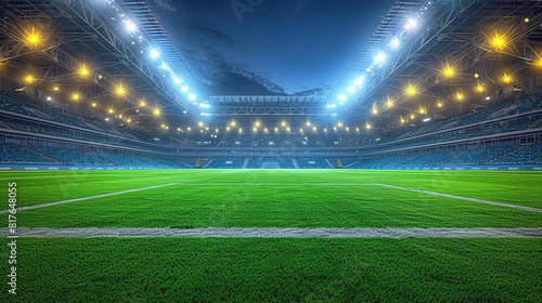 Soccer Field Thrills Dive into the textured green soccer game field in a stadium at the center and midfield 