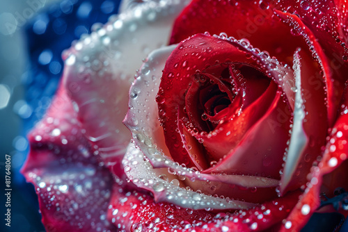 Macro shot of a dewy red rose with white and blue petals, morning light 