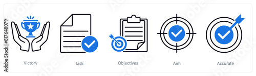 A set of 5 Success icons as victory, task, objectives