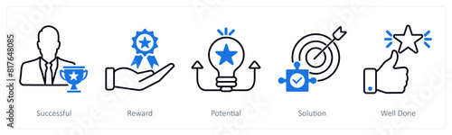 A set of 5 Success icons as successful, reward, potential