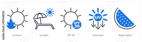 A set of 5 Sun Protection icons as sunburn, sunbath, spf 30